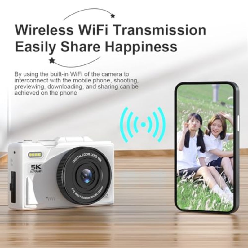 كاميرا سفر Vlog للتصوير الفوتوغرافي، وكاميرا رقمية بدقة 5K مع WiFi، ومستشعر بدقة 75 ميجابكسل، وتركيز تلقائي 18X، وشاشة قابلة للطي مقاس 3 بوصات 180 درجة، وتصميم مضغوط - Image 5
