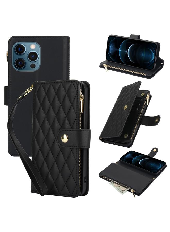 erorex For iPhone 12 Pro Max YM016 Rhombic Zipper Card Wallet Leather Phone Case with Lanyard(Black) 