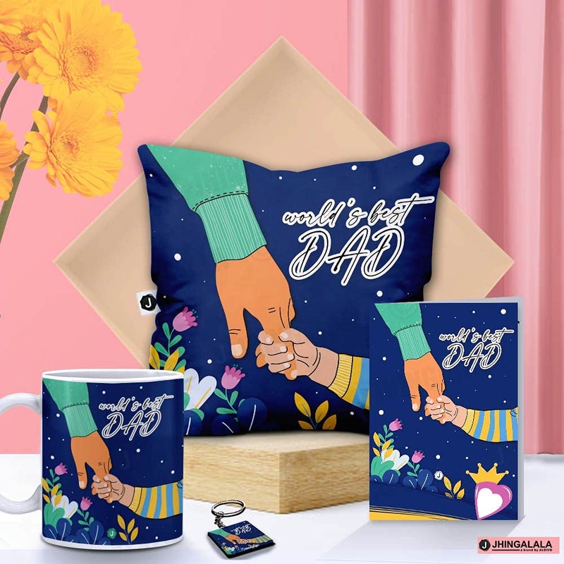 Jhingalala Jhingalala Worlds Best DAD Printed Cushion Mug Key Chain Greeting Card Combo Gift Pack Gift for Father Birthday Gift for Father Gift for Papa Gift for Father Birthday Gift for Fathers Day - Image 1