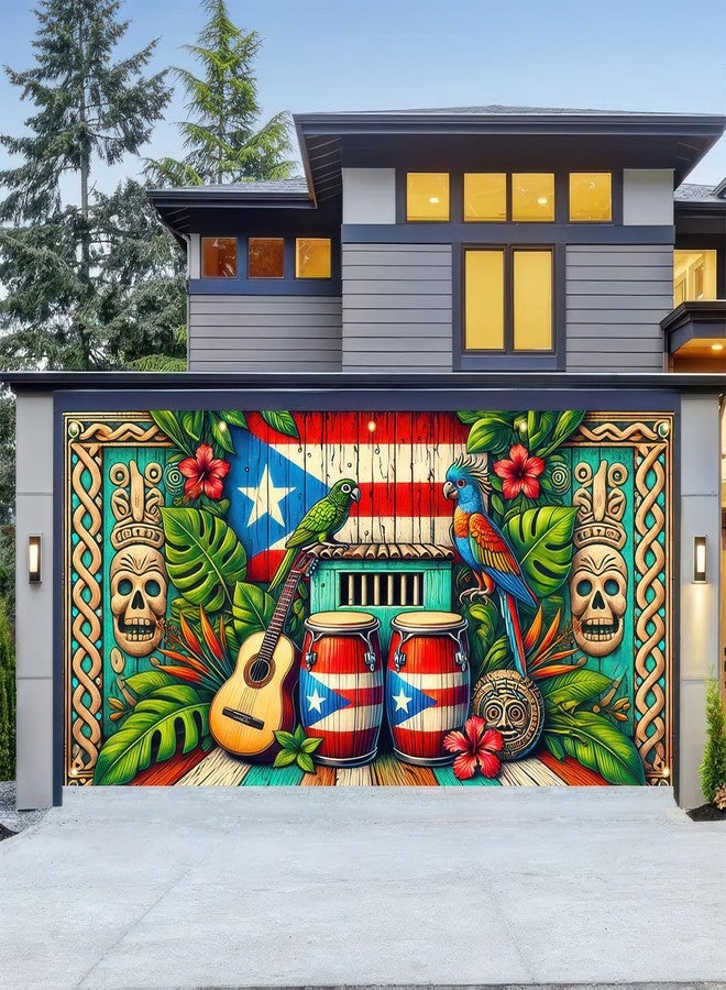 BlissYard 13x6ft Summer Hawaiian Garage Door Banner Puerto Rico Decor Backdrop Tropical Theme Aloha Tiki Totem Large Banner Garage Door Cover for Party Indoor Outdoor House Wall Decor - Image 5