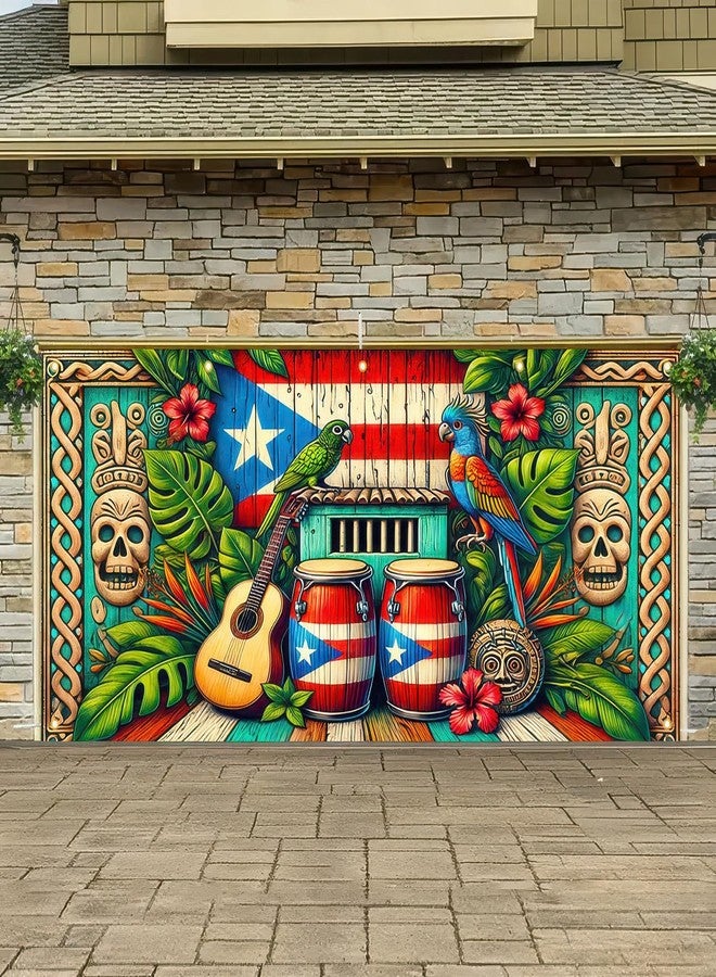 BlissYard 13x6ft Summer Hawaiian Garage Door Banner Puerto Rico Decor Backdrop Tropical Theme Aloha Tiki Totem Large Banner Garage Door Cover for Party Indoor Outdoor House Wall Decor - Image 1
