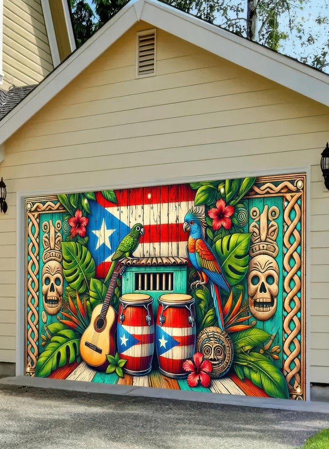 BlissYard 13x6ft Summer Hawaiian Garage Door Banner Puerto Rico Decor Backdrop Tropical Theme Aloha Tiki Totem Large Banner Garage Door Cover for Party Indoor Outdoor House Wall Decor - Image 3