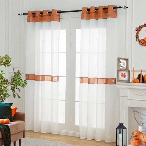 L.Z.E Burnt Orange and White Sheer Curtains 84 Inch Length 2 Panels Set for Living Room Bedroom, See-Through Window Sheers with Design Grommet Top Curtains & Drapes (56" W x 84" L) - Image 3