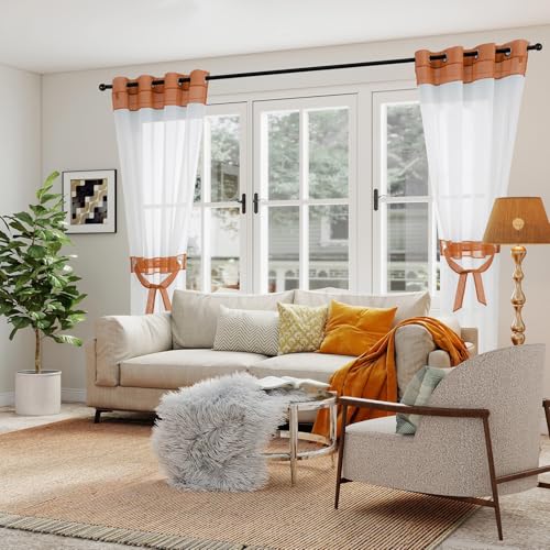 L.Z.E Burnt Orange and White Sheer Curtains 84 Inch Length 2 Panels Set for Living Room Bedroom, See-Through Window Sheers with Design Grommet Top Curtains & Drapes (56" W x 84" L) - Image 2