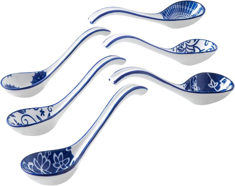 Gibsimi Ceramic Asian Soup Spoon - 6.3 Inch Japanese Ramen Spoons Chinese Soup Spoons for Pho Wonton Miso Dumplings Cereal Stews Noodles - Vintage Blue - Image 1