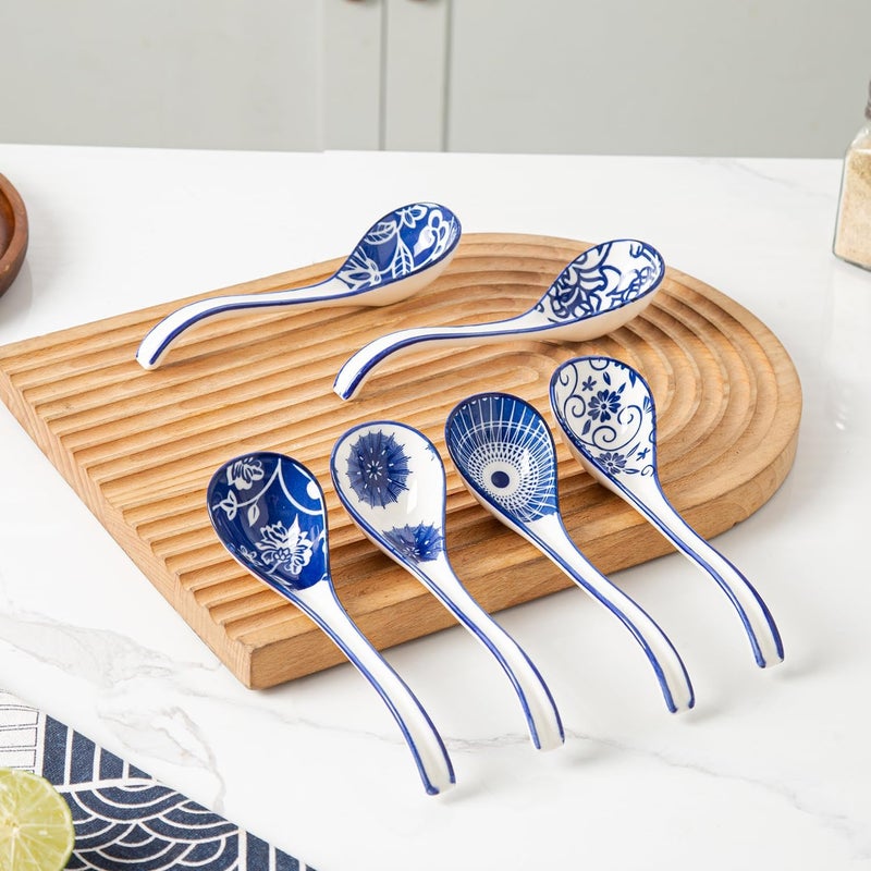 Gibsimi Ceramic Asian Soup Spoon - 6.3 Inch Japanese Ramen Spoons Chinese Soup Spoons for Pho Wonton Miso Dumplings Cereal Stews Noodles - Vintage Blue - Image 2