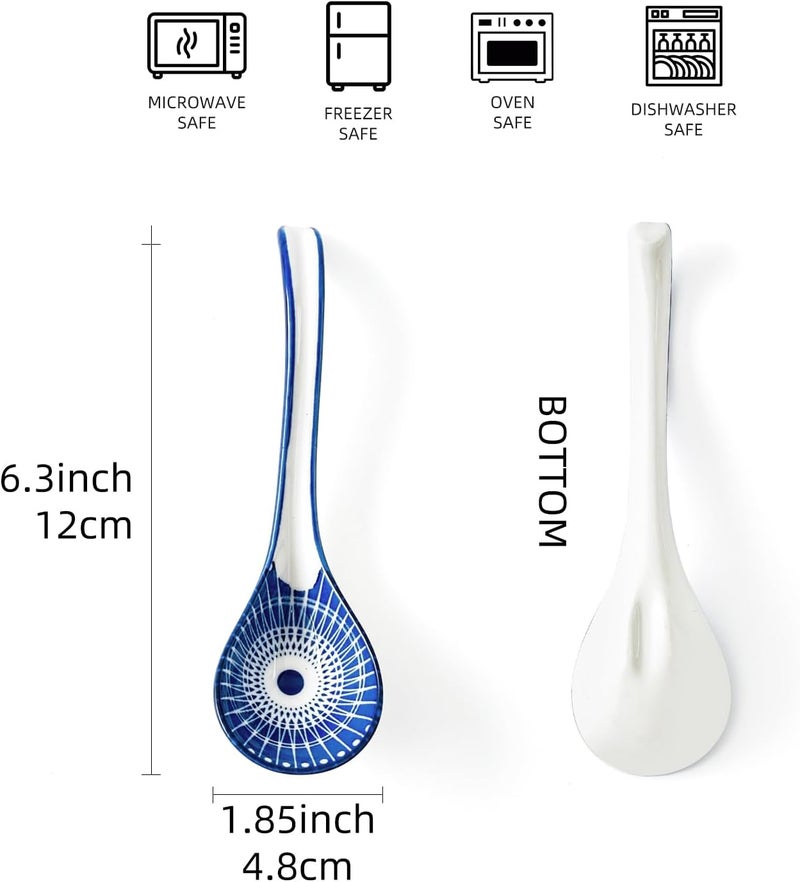 Gibsimi Ceramic Asian Soup Spoon - 6.3 Inch Japanese Ramen Spoons Chinese Soup Spoons for Pho Wonton Miso Dumplings Cereal Stews Noodles - Vintage Blue - Image 4