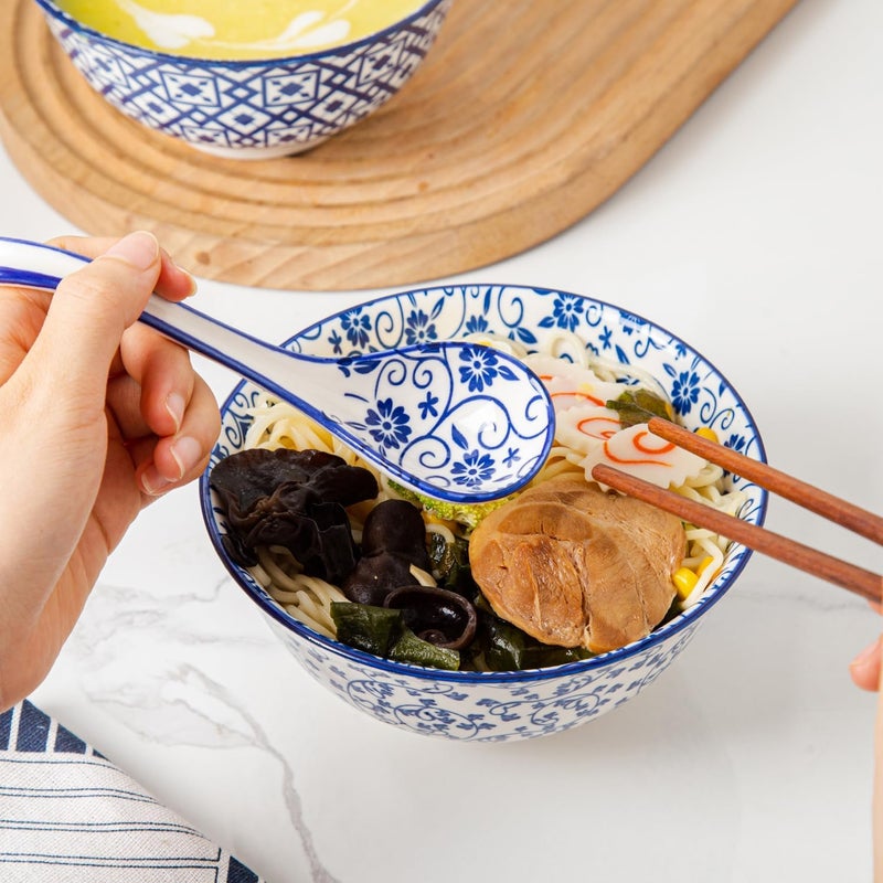 Gibsimi Ceramic Asian Soup Spoon - 6.3 Inch Japanese Ramen Spoons Chinese Soup Spoons for Pho Wonton Miso Dumplings Cereal Stews Noodles - Vintage Blue - Image 3