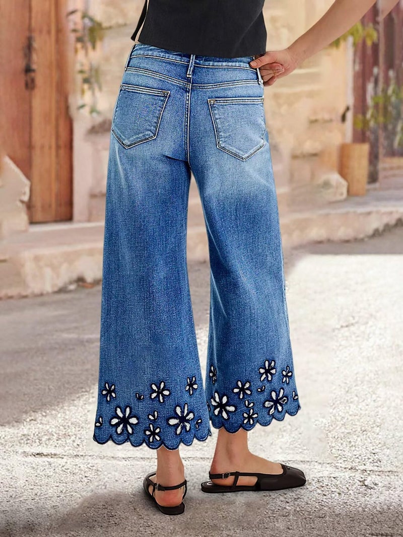 Flamingals Women's Floral Embroidery Wide Leg Jeans Mid Rise Strechy Casual Trendy Denim Cropped Pants Mid Blue S - Image 4