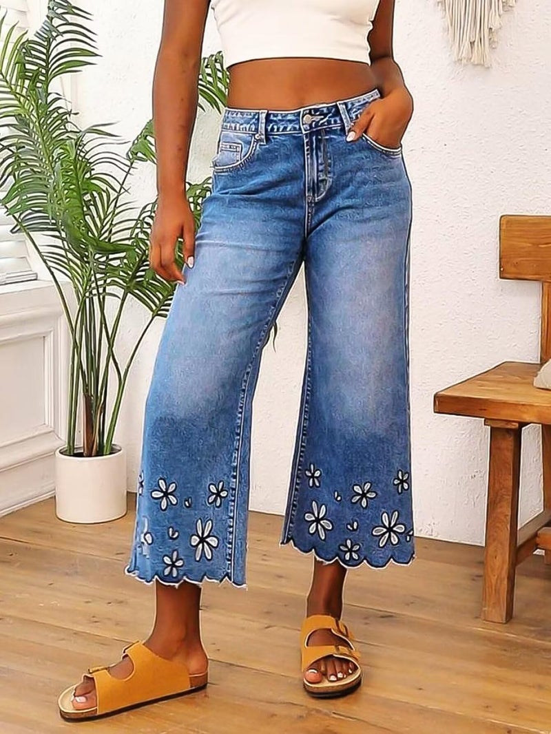Flamingals Women's Floral Embroidery Wide Leg Jeans Mid Rise Strechy Casual Trendy Denim Cropped Pants Mid Blue S - Image 3