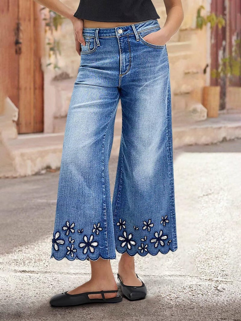Flamingals Women's Floral Embroidery Wide Leg Jeans Mid Rise Strechy Casual Trendy Denim Cropped Pants Mid Blue S - Image 2