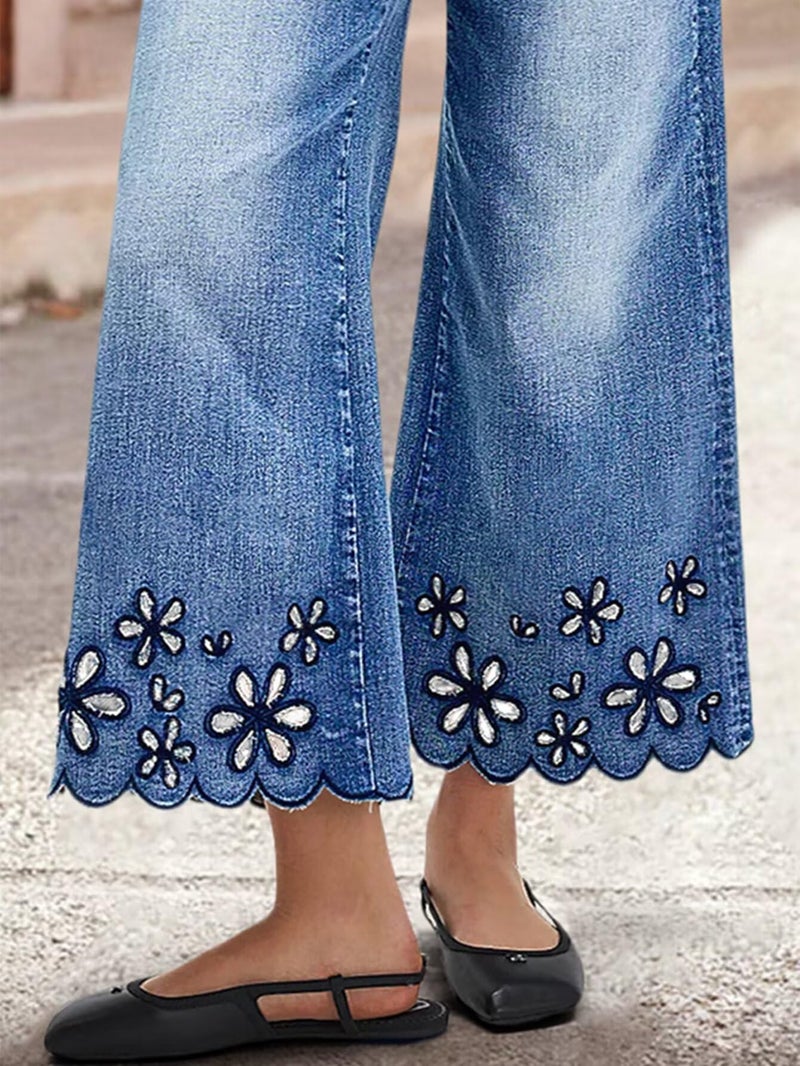 Flamingals Women's Floral Embroidery Wide Leg Jeans Mid Rise Strechy Casual Trendy Denim Cropped Pants Mid Blue S - Image 5