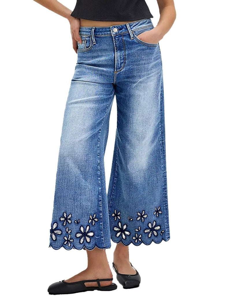 Flamingals Women's Floral Embroidery Wide Leg Jeans Mid Rise Strechy Casual Trendy Denim Cropped Pants Mid Blue S - Image 1
