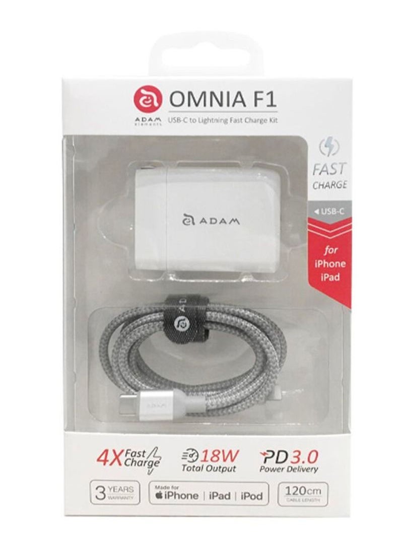 ADAM ELEMENTS ADAM ELEMENTS OMNIA F1 USB-C PD 18W Fast Wall Charger KIT WITH USB C TO LIGHTNING FAST CHARGE CABLE  - Image 1