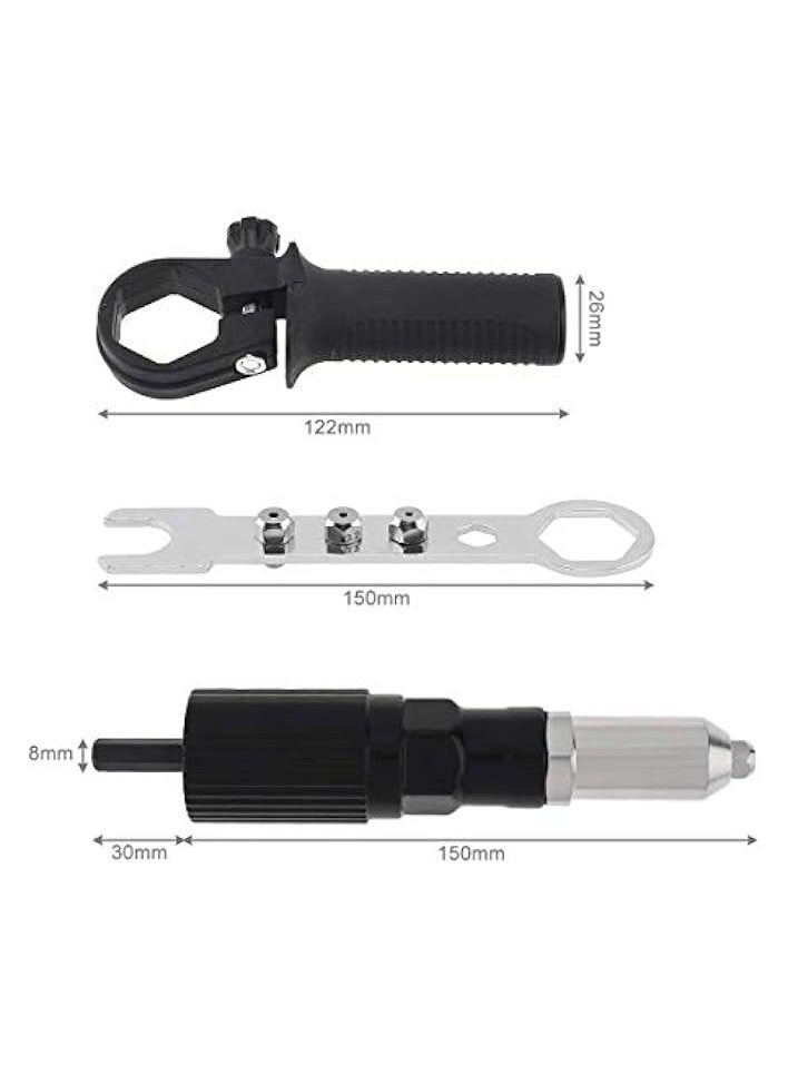 PROMASS Electric Riveting Gun Adapter, Black Alloy Steel Rivet Adapter with Multiple Rivet Head Sizes (2.4/3.2/4.0/4.8mm) and Handle Wrench, Compatible with Electric Drills for Efficient Riveting - Image 2