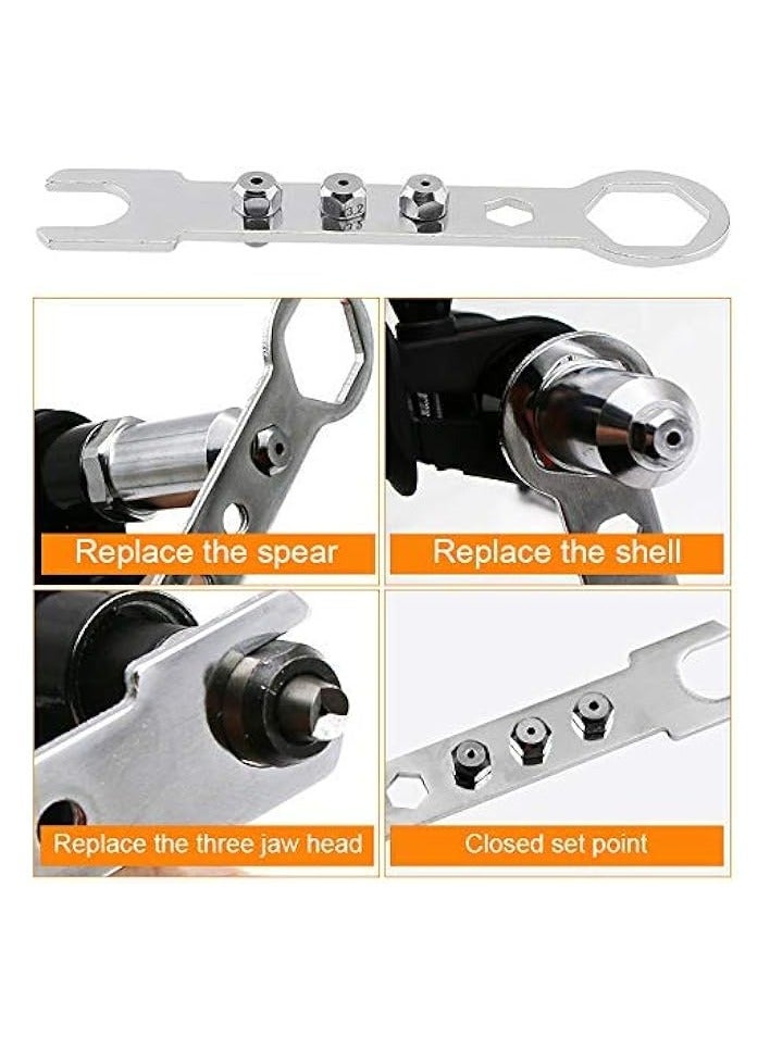PROMASS Electric Riveting Gun Adapter, Black Alloy Steel Rivet Adapter with Multiple Rivet Head Sizes (2.4/3.2/4.0/4.8mm) and Handle Wrench, Compatible with Electric Drills for Efficient Riveting - Image 3