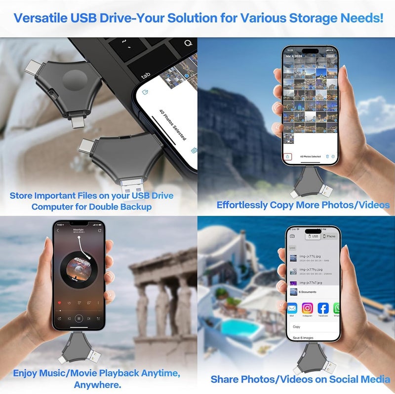 لينجي لين جي ذاكرة فلاش، 2 تيرابايت USB 4 في 1 عصا ذاكرة OTG، عصا ذاكرة بسعة كبيرة لتخزين المزيد من الصور ومقاطع الفيديو متوافقة مع جميع الأجهزة (أسود) - Image 3