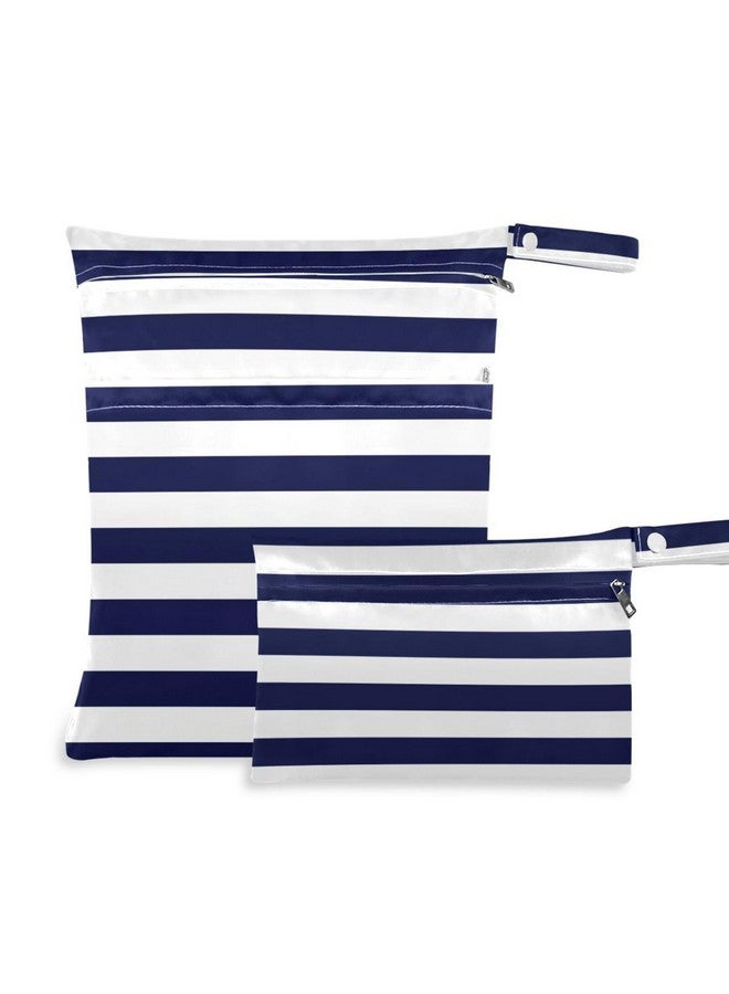 Kigai Navy Blue Stripes Wet Dry Bags 2 Pack, Waterproof Reusable Baby Cloth Diaper Wet Dry Bag with Zipper Pocket for Travel, Beach, Stroller, Gym Dirty Clothes, Wet Swimsuits - Image 1