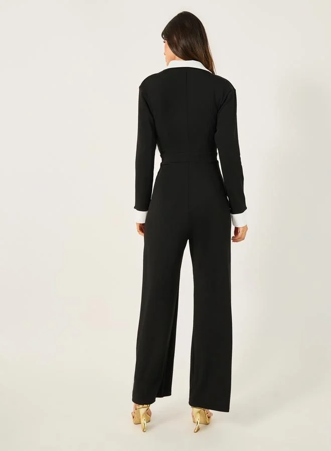 Styli Contrast Trim Double-Breasted Straight Leg Jumpsuit