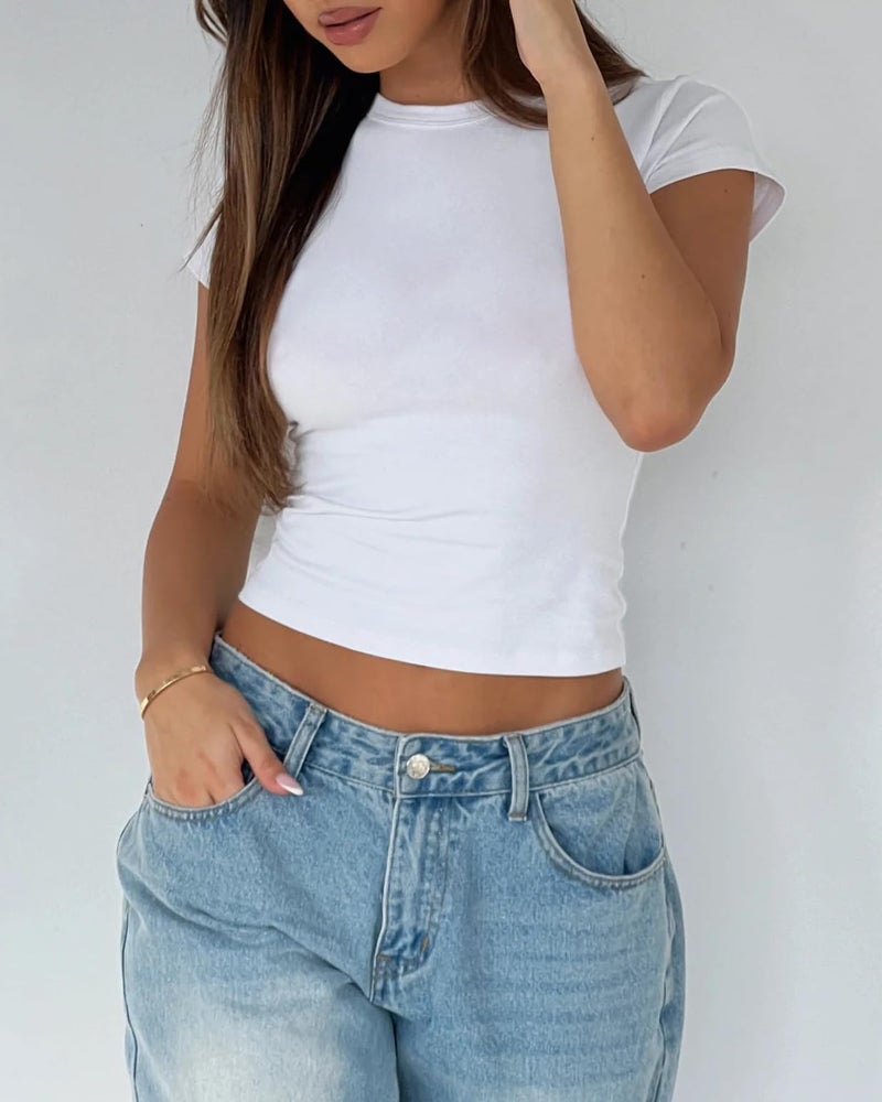 Mousnipy Women's Basic Summer Short Sleeve Crewneck T-Shirts Y2K Cute Going Out Tops Baby Tee(White,X-Large) - Image 2