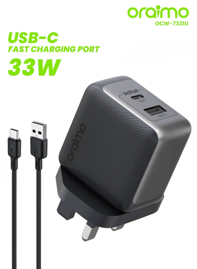 أورايمو شاحن حائط PowerGaN 33 Pro USB-C ومنافذ USB 33 واط مع كابل USB إلى USB-C - Image 1