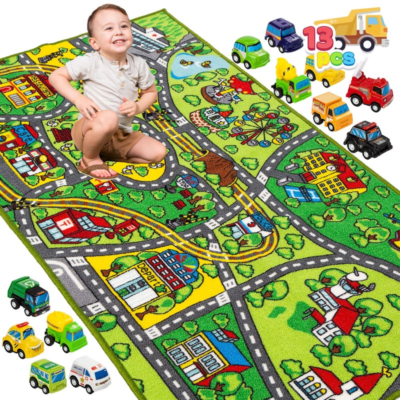 JOYIN JOYIN Carpet Playmat w 12 Cars PullBack Vehicle Set for Kids Age 3 Jumbo Play Room Rug City Pretend Play Multiple Color 