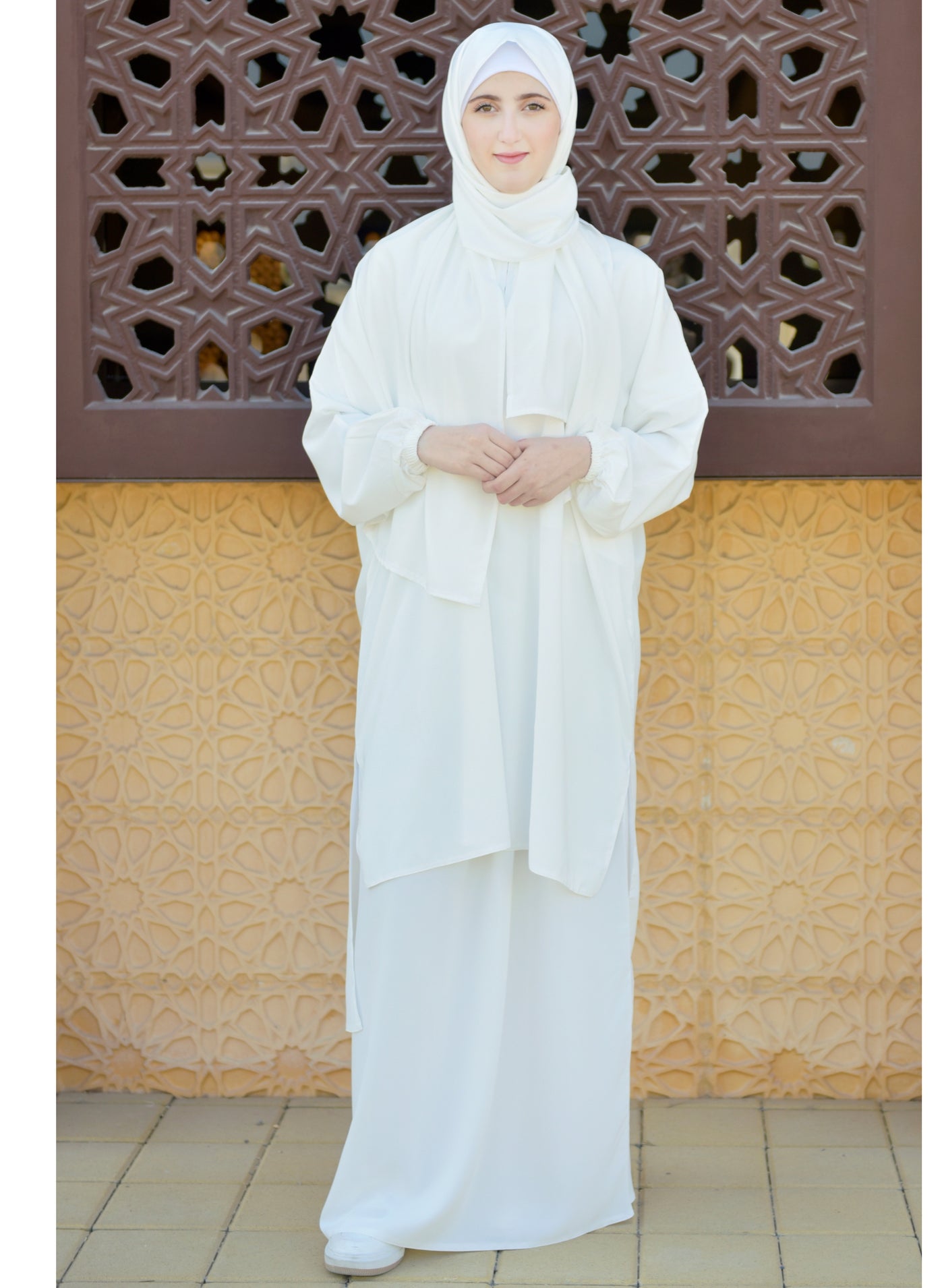 modern hijab clothing umrah dress code for ladies DAMAS COLLECTION P101-umrah essentials Jilbab women with tow style Skirt or Trouser -4 piece Prayer Clothes for Muslim Women-Islamic Abaya Outfit maxi with scarf and poket- Modest suit Women umrah outfit for ladies