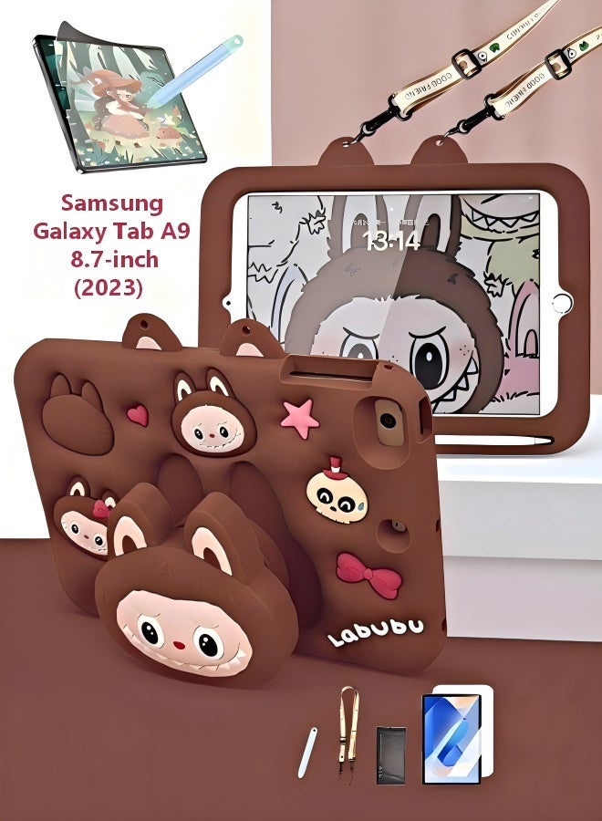 جراب حماية للأطفال لجهاز سامسونج جالاكسي تاب A9 مقاس 8.7 بوصة (2023) - جراب لابوبو لطيف مقاوم للصدمات مع حامل ومقبض، يتضمن واقي شاشة وقلم لمس وحزام ظهر - حماية شاملة للجهاز اللوحي، متوافق أيضًا مع SM-X110/X115، بني - Image 1