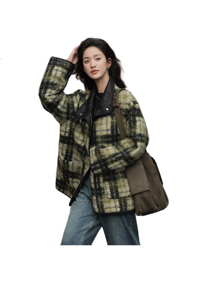 Dme Retro Style Winter Top Eye-Catching Green Plaid Relaxed Faux Lamb Wool Coat Women Green Plaid Color M - Image 1
