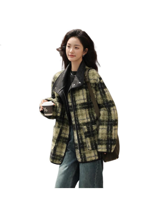 Dme Retro Style Winter Top Eye-Catching Green Plaid Relaxed Faux Lamb Wool Coat Women Green Plaid Color M - Image 2