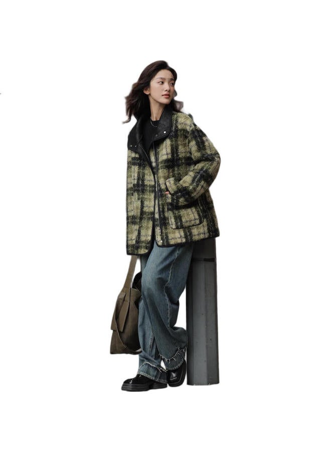 Dme Retro Style Winter Top Eye-Catching Green Plaid Relaxed Faux Lamb Wool Coat Women Green Plaid Color M - Image 3