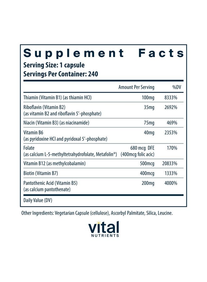 فيتل نيوترينس فيتامينات ب المركبة من Vital Nutrients | فيتامينات ب المركبة عالية الفعالية من مجموعة ميثيلي نباتية | فيتامينات ب تدعم إنتاج الطاقة، والتمثيل الغذائي، وصحة القلب* | خالية من الجلوتين ومنتجات الألبان والصويا | 240 كبسولة - Image 2