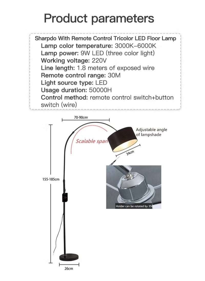 Generic - Modern Curved Floor Lamp 3 Levels Remote Control Dimmable Adjustable Height Marble Base Bedroom Living Room Office Standard Lamp Warm Light 12W Black 185x38 cm - Image 1
