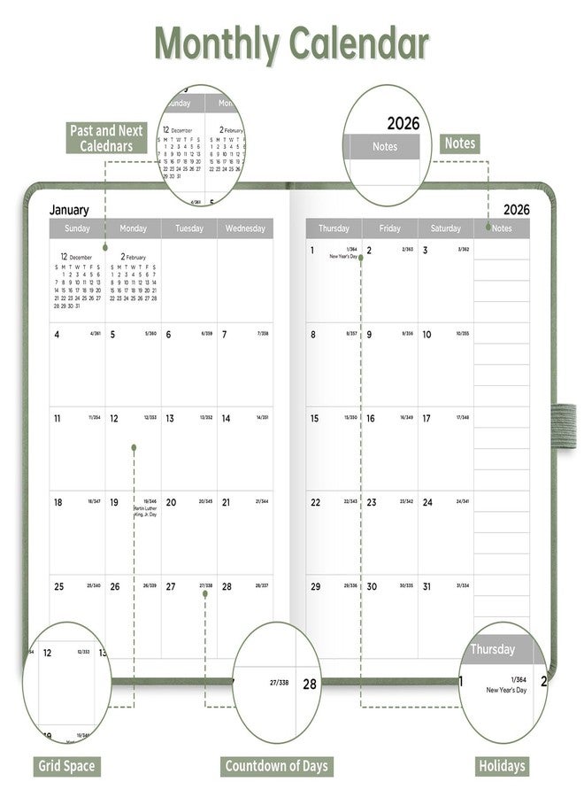 EMSHOI 2026 Pocket Planner for Purse, Weekly and Monthly, A6 Mini Small Calendar (JAN 2026 - DEC 2026), 100GSM Thick Paper, PU Leather Hardcover, Colorful Tabs, Note Pages, 4.3'' x 6'', Pink - Image 3