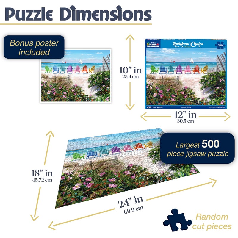 White Mountain 500 Piece Jigsaw Puzzle Summer Beach Sailboat Puzzles with Large Pieces Gift for Adults 18"x24" - Rainbow Chairs - Image 3