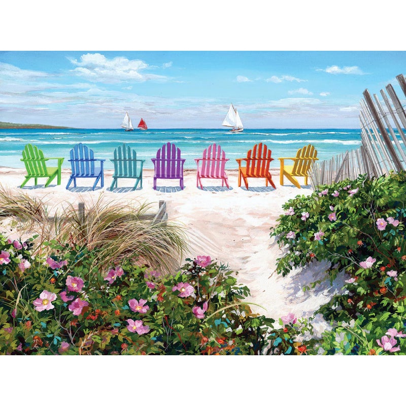 White Mountain 500 Piece Jigsaw Puzzle Summer Beach Sailboat Puzzles with Large Pieces Gift for Adults 18"x24" - Rainbow Chairs - Image 1