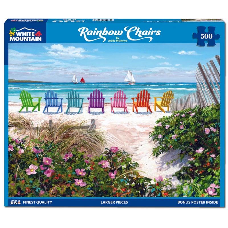 White Mountain 500 Piece Jigsaw Puzzle Summer Beach Sailboat Puzzles with Large Pieces Gift for Adults 18"x24" - Rainbow Chairs - Image 2