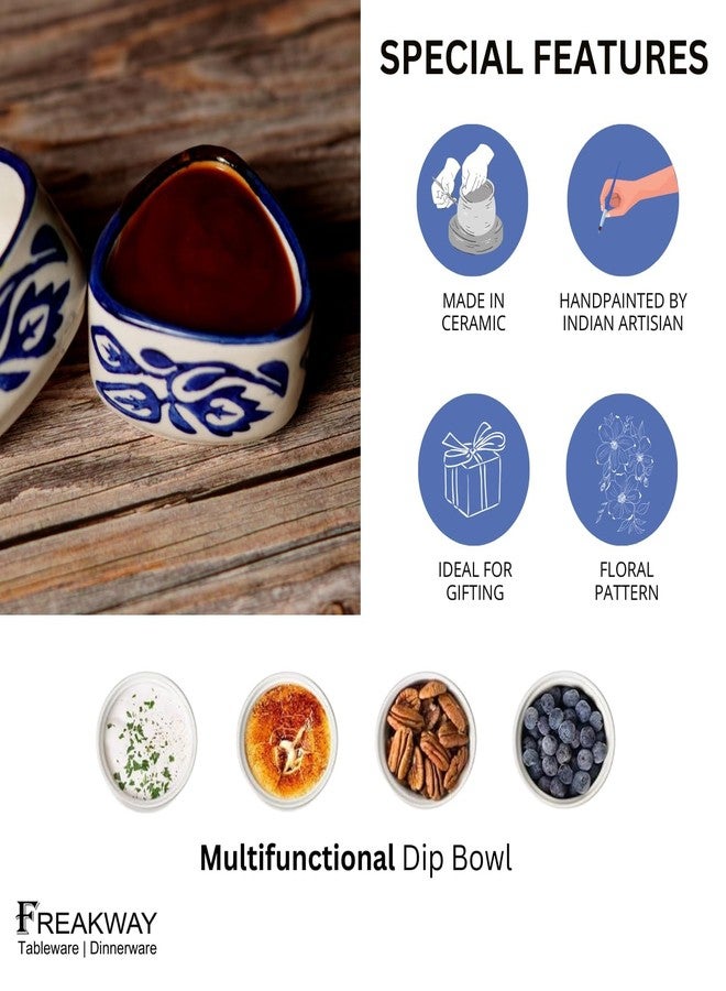 Freakway Handpainted Floral Studio Pottery Ceramic Dip Bowl/Chutney Bowl/Pickle/Sauce Bowl/Small Katori Set | Triangle Shape |(50 ML, Small, Set of 6, Blue and White). - Image 4