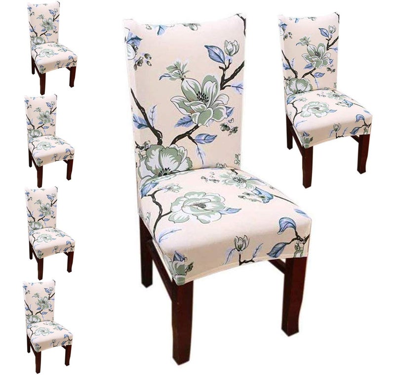 Styleys Polyester Chair Covers Printed Washable Stretchable Dining Chair Cover Slipcovers (Set of 6, SD-01, Beige Green Flower) - Image 1