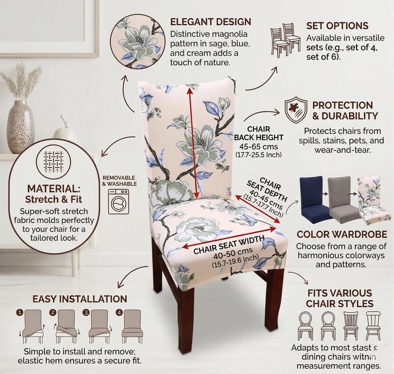 Styleys Polyester Chair Covers Printed Washable Stretchable Dining Chair Cover Slipcovers (Set of 6, SD-01, Beige Green Flower) - Image 3