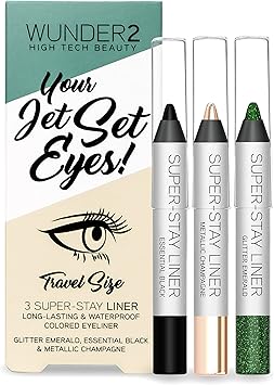 Wunderbrow مجموعة أقلام تحديد العيون WUNDER2 JET SET EYES من 3 أقلام مقاومة للماء طويلة الأمد باللون الأسود والكريم والأخضر - Image 1