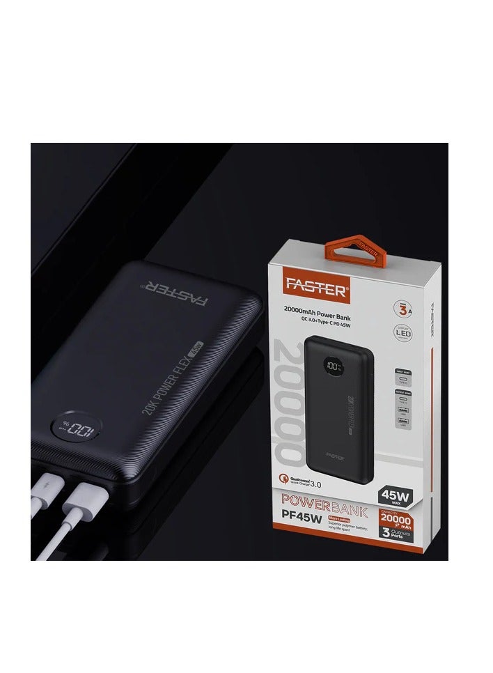 فاستر أسرع PD-45W QUALCOMM QUICK CHARGE 3.0 باور بانك 20000 مللي أمبير 74 وات في الساعة مع شاشة رقمية - Image 4