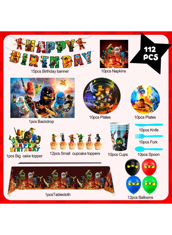 حفلة مثمرة زينة عيد ميلاد نينجاغو لـ 10 ضيوف، 112 قطعة مجموعة أدوات مائدة نينجاغو للاستخدام مرة واحدة لافتة نينجاغو بالونات خلفية أطباق مناديل مفارش مائدة لمستلزمات حفلة نينجاغو - Image 2