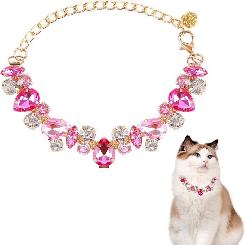 HOWWFALY Dog Cat Rhinestone Collars with Paw Crystal Diamonds Gold Collars Necklace Adjustable Collar Dog Chain Cat Diamonds Princess Pet Collar (Pink, M) - Image 1