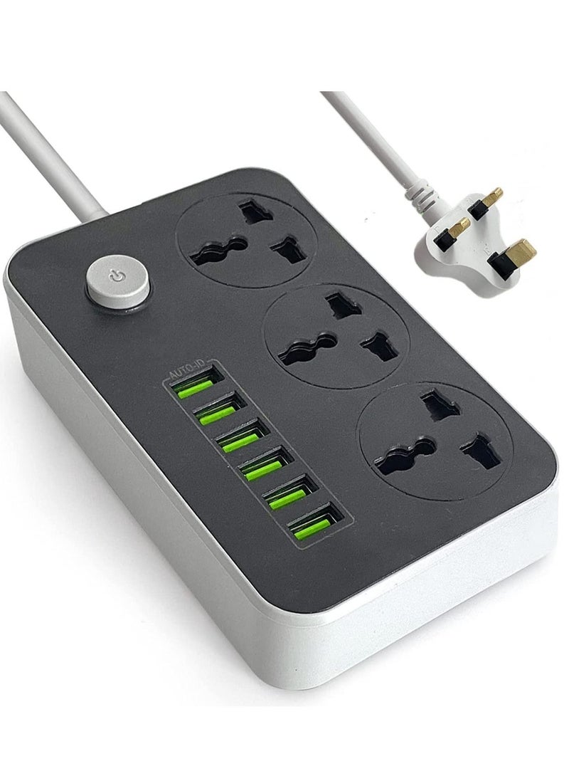 Power Strips Extension Cord 3 Outlets, Power Socket with 6 USB Ports Universal Charging Socket with 2M Bold Extension Cord - Image 1