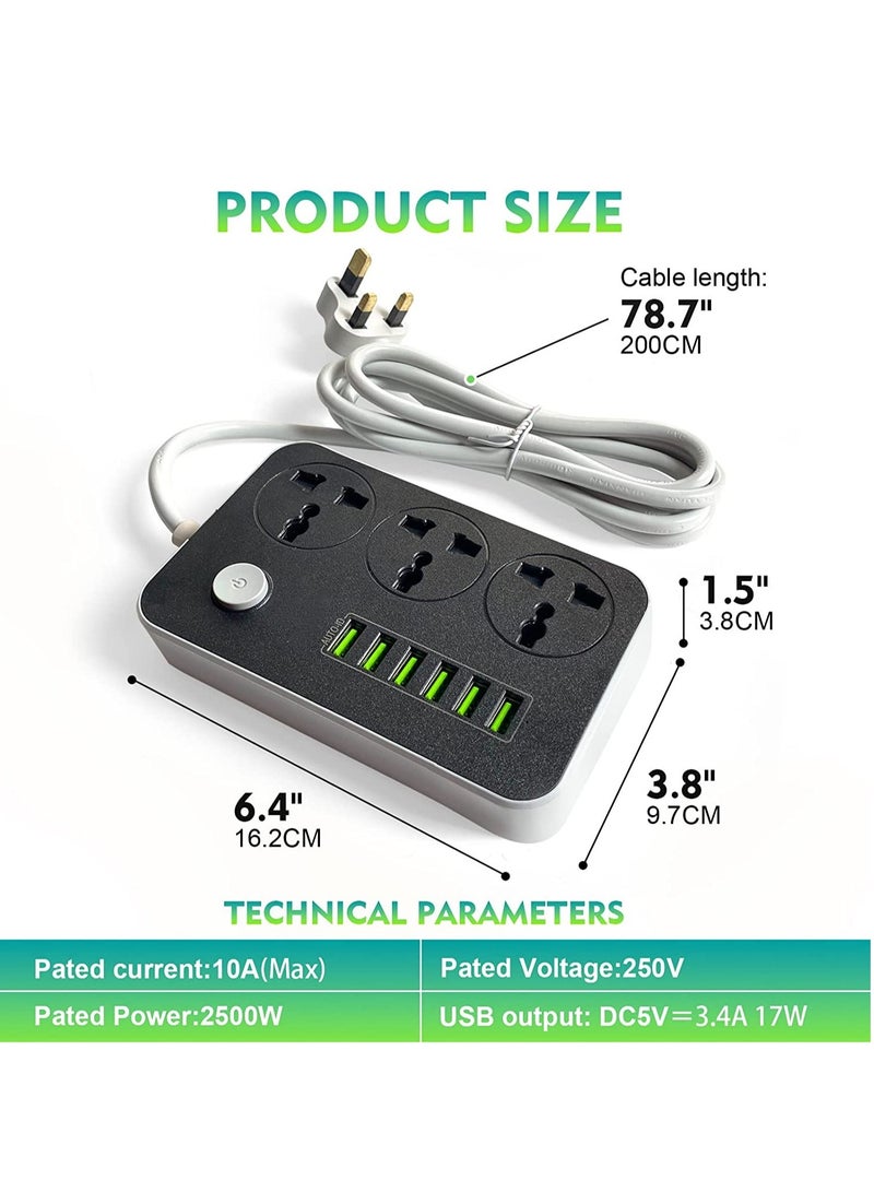 Power Strips Extension Cord 3 Outlets, Power Socket with 6 USB Ports Universal Charging Socket with 2M Bold Extension Cord - Image 3
