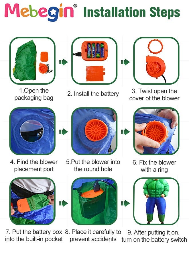 MEBEGIN Hulk Inflatable Suit, Inflatable Hulk Costume with Blower and Battery Case, Muscle Man Doll Costume, Funny Blow up Pretend Toy Costume for Dess up Parties, Festivals and Cosplay Games, Suitable 150-195cm Height, 4 AA Batteries Required(Not Included) - Image 5