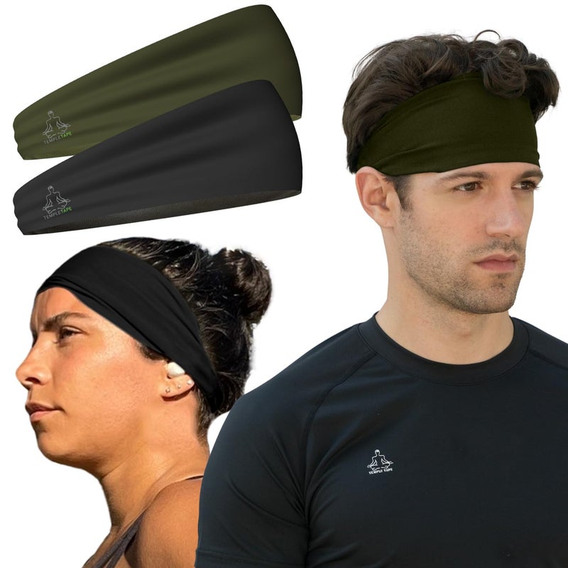 Temple Tape Headband, Sweatband and Sports Headbands Moisture Wicking Workout Sweatbands for Running, Crossfit, Skiing and Bike Helmet Friendly, 2 Piece - Image 1