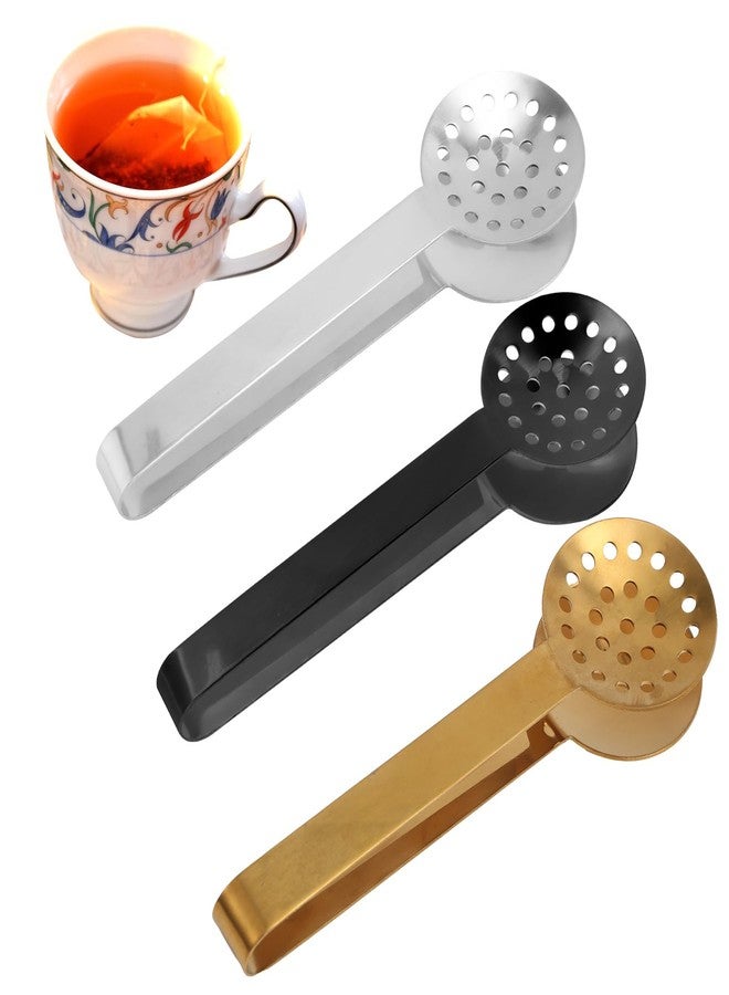 lasuroa 3pcs Tea Bag Squeezer Tongs, Stainless Steel Strainer Spoons Teabag Clips Tool Practical Strainer Tea Accessories (Black, Gold, Silver) - Image 1