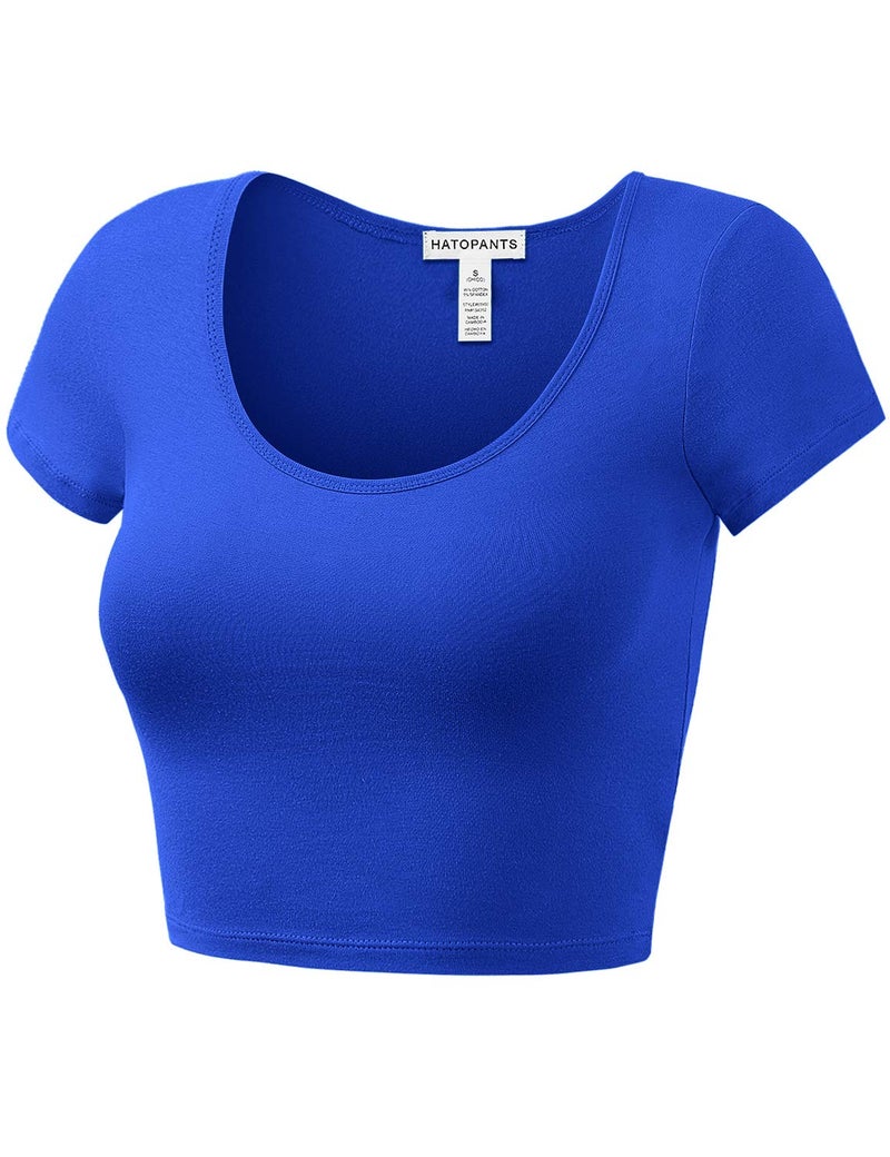 HATOPANTS Women's Cotton Crop Tops Short Sleeve Scoop Neck Stretchy Casual Shirt RBLU S - Image 2